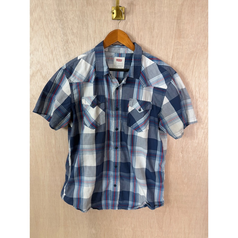Levis Mens Large Blue Plaid Short Sleeve Western Button Down Shirt Pockets